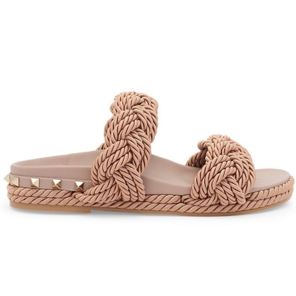 Valentino Rockstud Braided Espadrille Slides Sandals